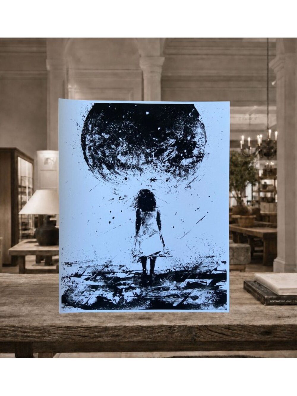 Black White Girl & Moon Abstract Art Print 8x10 Gothic Celestial Wall Art